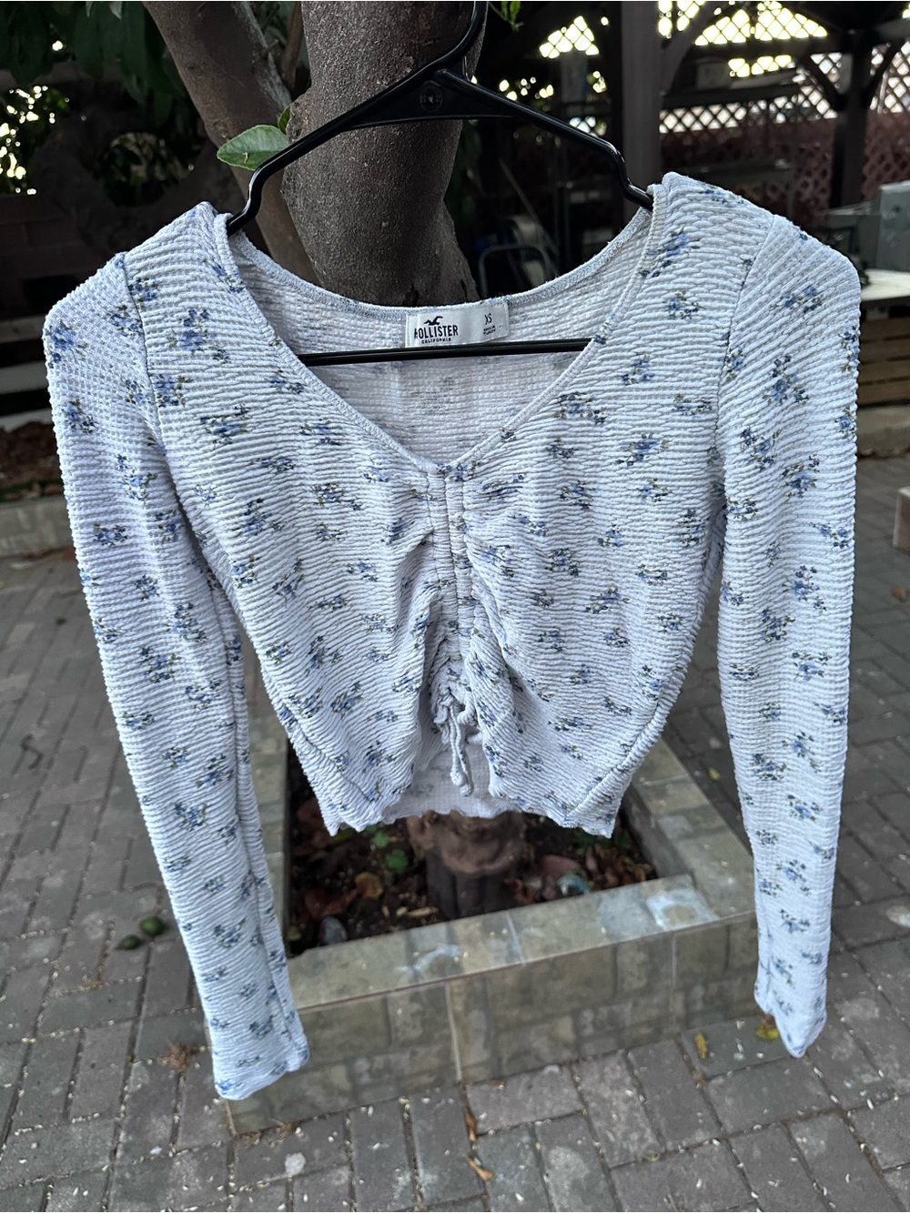 Hollister Light Blue Floral Ruched Long Sleeve Top